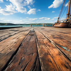 Weathered pirate ship deck with ocean horizon
