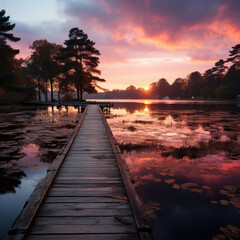 Rosy dawn light breaking over a tranquil lake.

