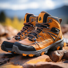 A pair of hiking boots against a backdrop of a mount 
