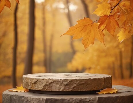 Brown stone podium platform showcase stand for cosmetic, beauty product presentation. Autumn colorful fall leaves in background. Front view