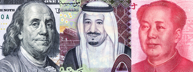 Benjamin Franklin, King Salman Bin Abdulaziz Al Saud and Mao Zedong portraits from banknotes