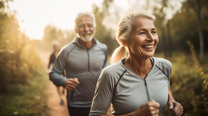 Fictitious older caucasian couple goes for a run AI generative
