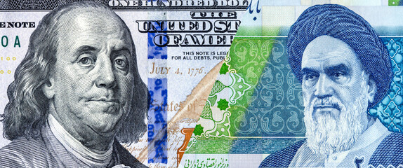 Portrait of Franklin on banknote american dollars and Ayatollah Khomeini on Iranian rials - 682546076