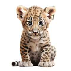 a baby, young Leopard cub front view in an isolated and transparent PNG in a Wildlife-themed, photorealistic illustration. Generative ai