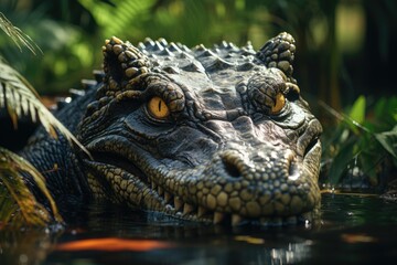 Fototapeta premium Wildlife crocodile green underwater photography. Open eye reptile teeth. Dangerous animal river mangrove forest close up photo