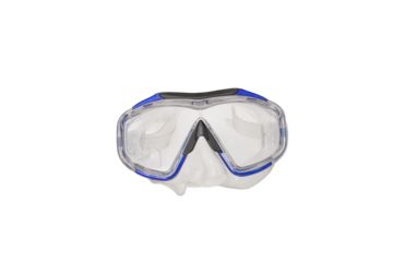 A pair of blue diving goggles, snorkeling mask top view with transparent background
