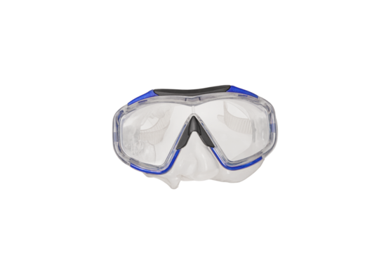 A pair of blue diving goggles, snorkeling mask top view with transparent background