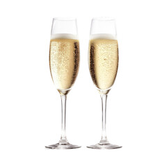Champagne glasses with splashes of champagne, side view, in an isolated and transparent PNG in a New Year's celebration-themed, photorealistic illustration.