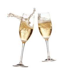 Champagne glasses toasting with Champagne splashing in an isolated and transparent PNG Celebration-themed, photorealistic illustration. Generative ai