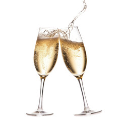 Champagne glasses toasting with Champagne splashing in an isolated and transparent PNG Celebration-themed, photorealistic illustration. Generative ai