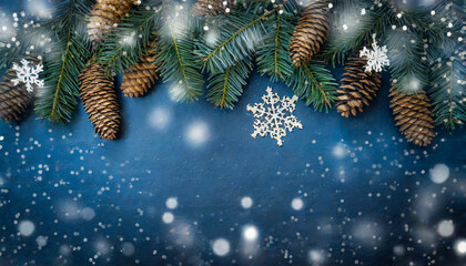 Christmas blue background with christmas tree and decorations
