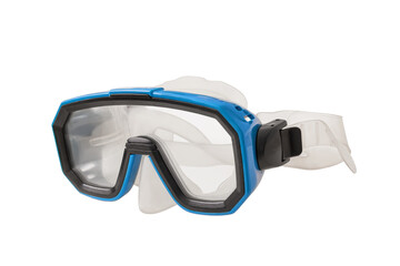 A pair of blue diving goggles, snorkeling mask perspective with transparent background