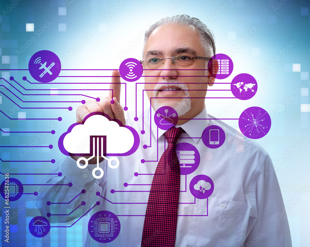 Poster cloud computing concept with woman pressing buttons