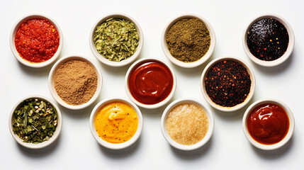 Various condiments in cups food background. Spice textured.