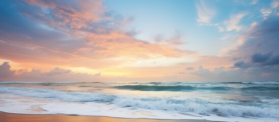 As dawn painted the sky with hues of gold and abstract streaks of light, the white clouds gracefully danced over the tranquil sea, transforming the beach into a breathtaking summer landscape