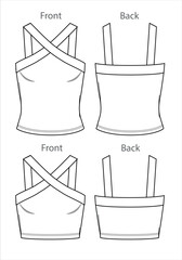 Vector woman strapless blouse sketch, sleeveless T-Shirt fashion CAD, summer crop top technical sketch, female flat, template.  Jersey or rib fabric 2 pcs set tee with front, back view, white color