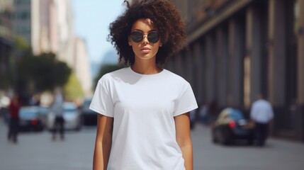 black young woman in the street wearing on oversized long plain natural color t-shirt mockup, copy...