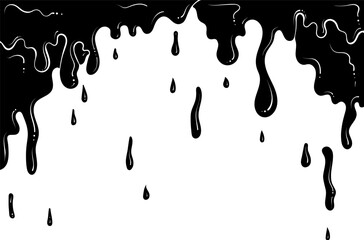 Dripping flowing silhouette liquid, wax, honey, slime, paint. Melted chocolate or oil. Vector illustration in hand drawn style. Black graphics isolated on white, Drops splash background