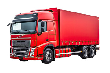Fototapeta na wymiar a red Semi Truck with a cargo box/trailer, 3/4 view in an isolated and transparent PNG in a Transport/hauling-themed, photorealistic illustration. Generative ai