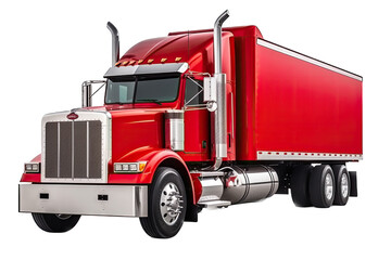 a red Semi Truck with a cargo box/trailer, 3/4 view in an isolated and transparent PNG in a Transport/hauling-themed, photorealistic illustration. Generative ai - obrazy, fototapety, plakaty