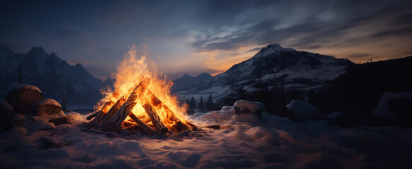 Campfire in the winter forest. Beautiful landscape of nature and trees. Sparks and flames