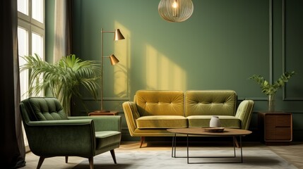 Green living room interior with a green sofa and a coffee table. Elegant Minimalist Green Living Room.