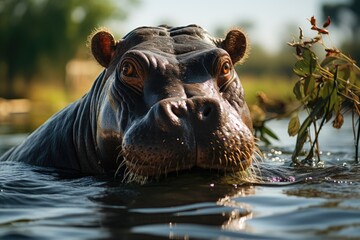 Fototapeta premium hippopotamus inhabits rivers, lakes and mangrove swamps, where territorial bulls preside over a stretch of river and groups of five to thirty cows and young.