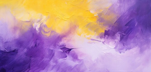 Splash bright paint in purple and yellow hues onto an abstract canvas background.