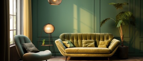 Green living room with sofa and armchair. Elegant Minimalist Green Living Room.
