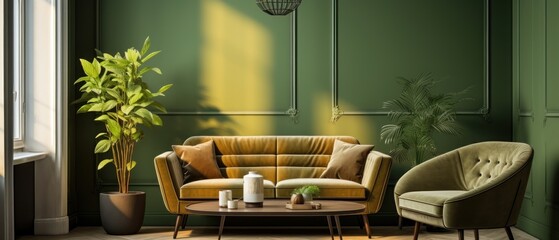 interior with yellow sofa and green wall. Elegant Minimalist Green Living Room.