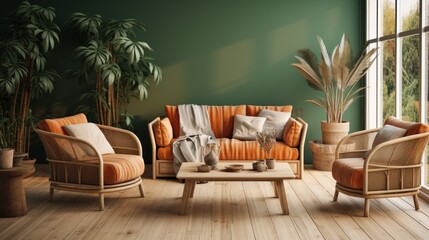 interior modern bright interiors Living room mockup illustration. Elegant Minimalist Green Living Room. - obrazy, fototapety, plakaty