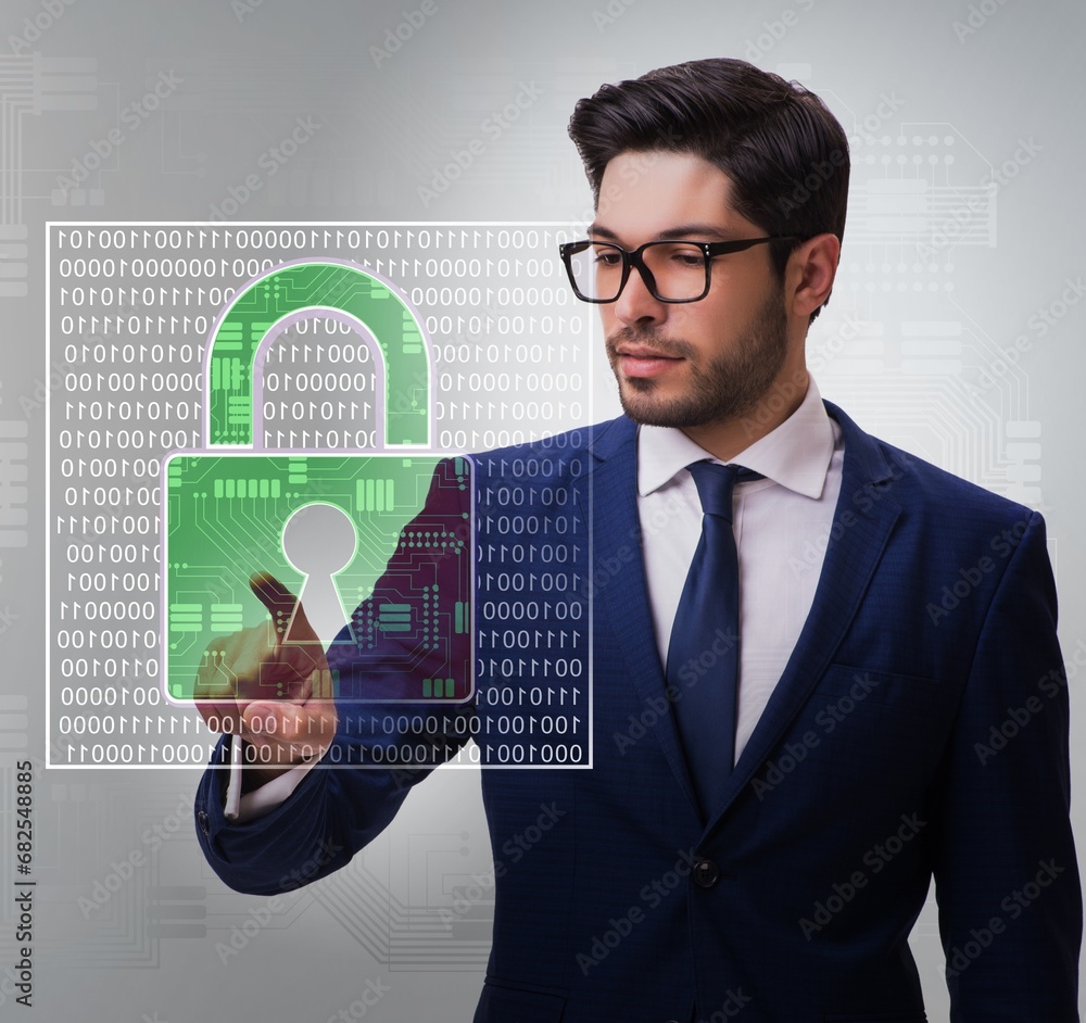 Poster man in digital security concept pressing button