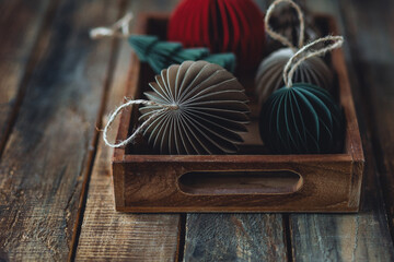 Assortment of craft handmade paper Christmas toys in vintage wooden box. Homemade gingerbread cookies, dry orange as decor. Cozy holiday home atmosphere, new year aesthetics, natural materials