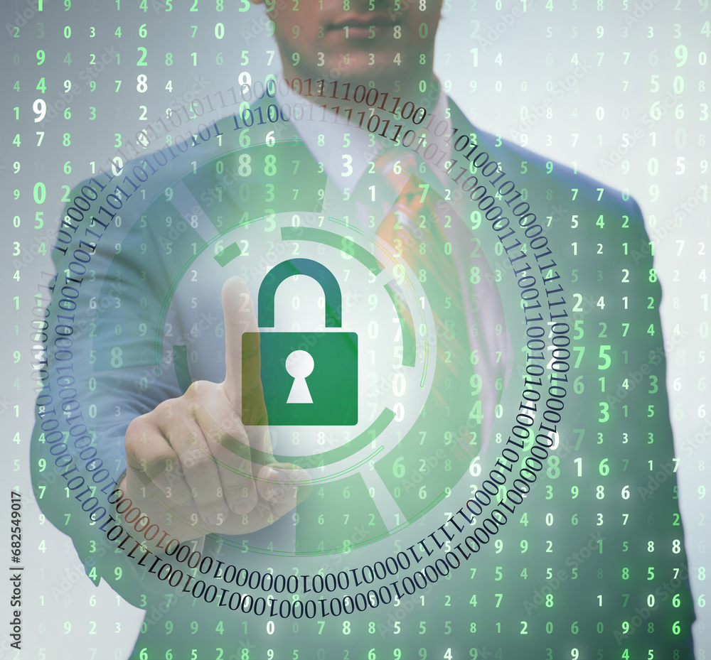 Poster man in digital security concept pressing button
