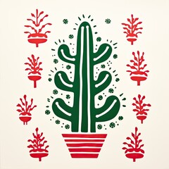 Obraz premium woodcut Christmas cactus print in reds, blacks, and greens on an ivory-colored background in a holiday-themed, graphic illustration in square JPG. Generative ai