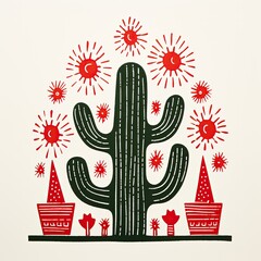 woodcut Christmas cactus print in reds, blacks, and greens on an ivory-colored background in a holiday-themed, graphic illustration in square JPG.  Generative ai