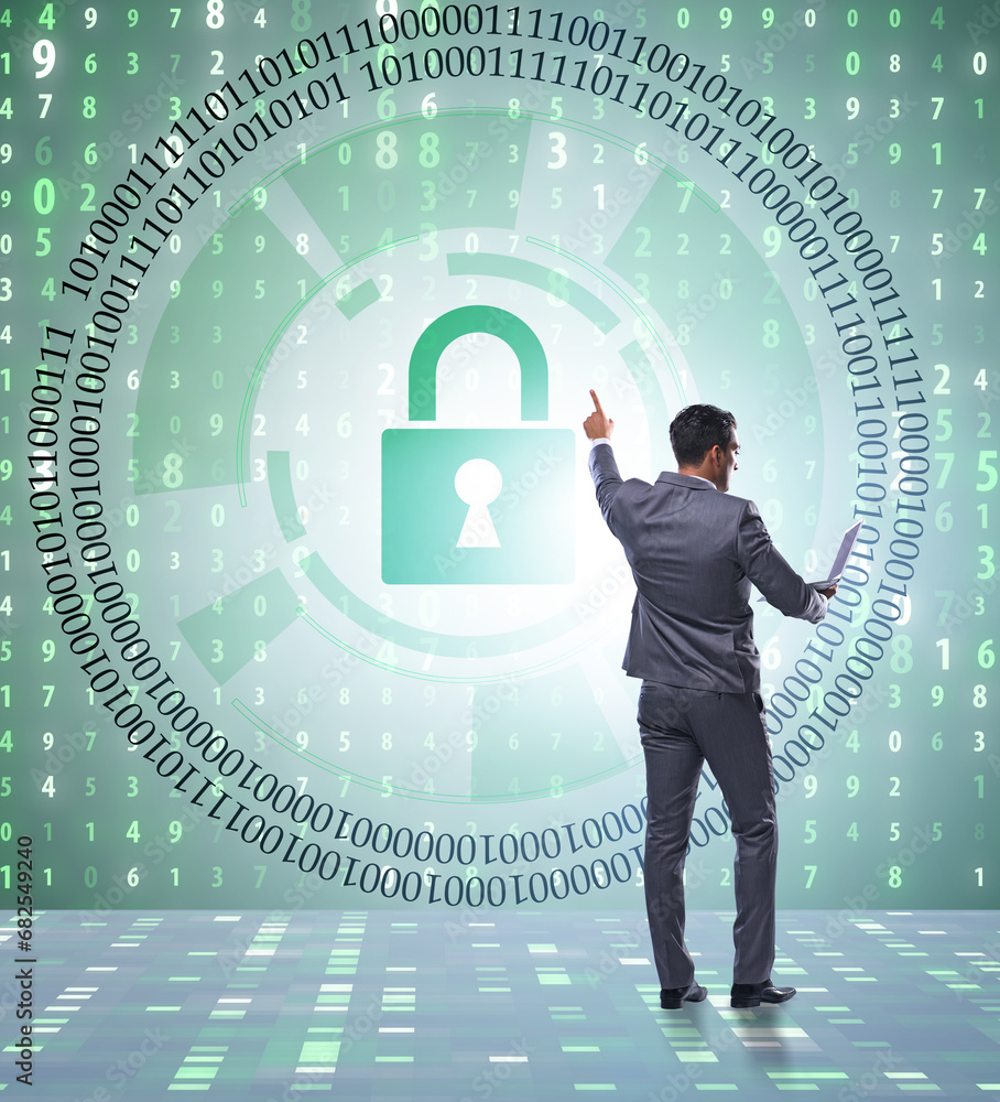 Aufkleber man in digital security concept pressing button