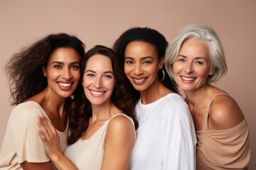 Obraz premium a diverse group of women friends, natural beauties in a skin-care ad with a simple-colored background, in a Cosmentic-themed, realistic illustration in JPG. Generative ai