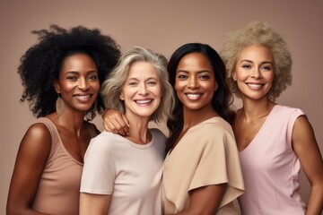 Fototapeta premium a diverse group of women friends, natural beauties in a skin-care ad with a simple-colored background, in a Cosmentic-themed, realistic illustration in JPG. Generative ai
