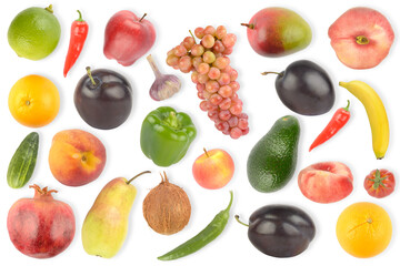 Set bright appetizing fruits and vegetables with light shadow