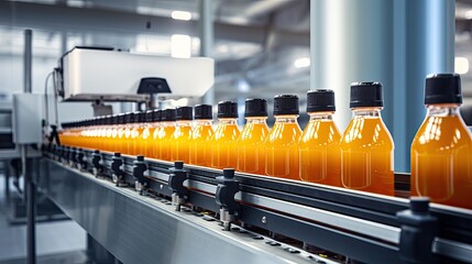 Automatic line for packing juice, nectarine, honey, butter, syrup or smoothies into glass or plastic containers. Bottling plant. Bottles on a factory conveyor. Illustration for cover or presentation. - obrazy, fototapety, plakaty