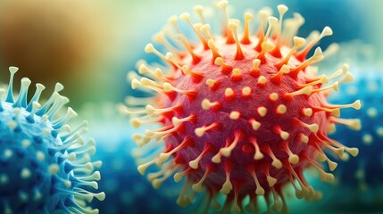 Obraz premium Closeup virus cells. Disease germ or pathogen organism. A scientific breakthrough. A discovery in microbiology. Background for medicine and science. Design for banner, cover, brochure or presentation.