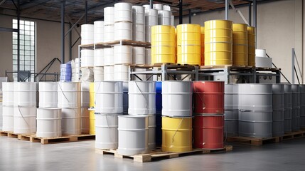 A large warehouse with lots of barrels. Logistics. Inventory control, order fulfillment, or space...