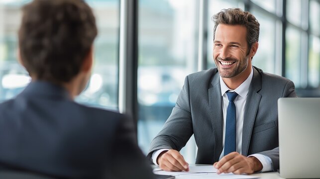 Business people in a business meeting. Successful negotiation to agree a contract or other document. Interview with a job applicant. Colleagues are discussing something. Illustration for varied design