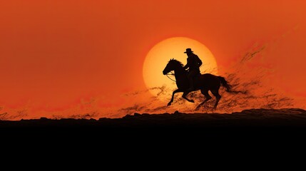 Obraz na płótnie Canvas a horizontal format of a cowboy on horseback at sunset in a Western-themed, realistic illustration in JPG. Generative ai