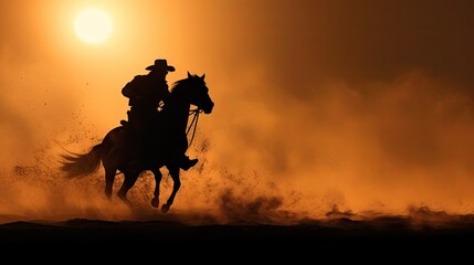 a horizontal format of a cowboy on horseback at sunset in a Western-themed, realistic illustration in JPG. Generative ai