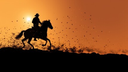 Fototapeta premium a horizontal format of a cowboy silhouette on horseback at sunset in a Western-themed, realistic illustration in JPG. Generative ai