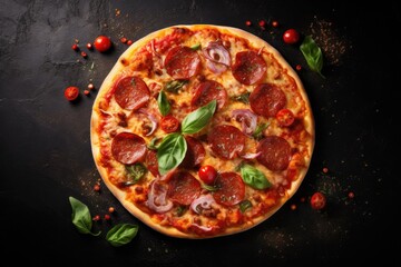 a hot pepperoni pizza with fresh basil on a slate black background and space for copy in a Party-themed, horizontal format of realistic illustration in JPG. Generative ai
