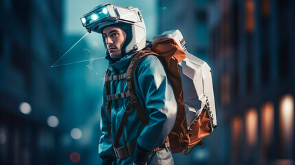 Naklejka premium Handsome jet pack man courier messenger is ready to fly. Delivering online orders, purchases, goods, packages in the city. Male guy employee wears jet suit works in the express flying shipping