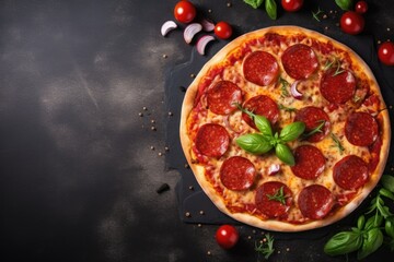 a hot pepperoni pizza with fresh basil on a slate black background and space for copy in a Party-themed, horizontal format of realistic illustration in JPG. Generative ai